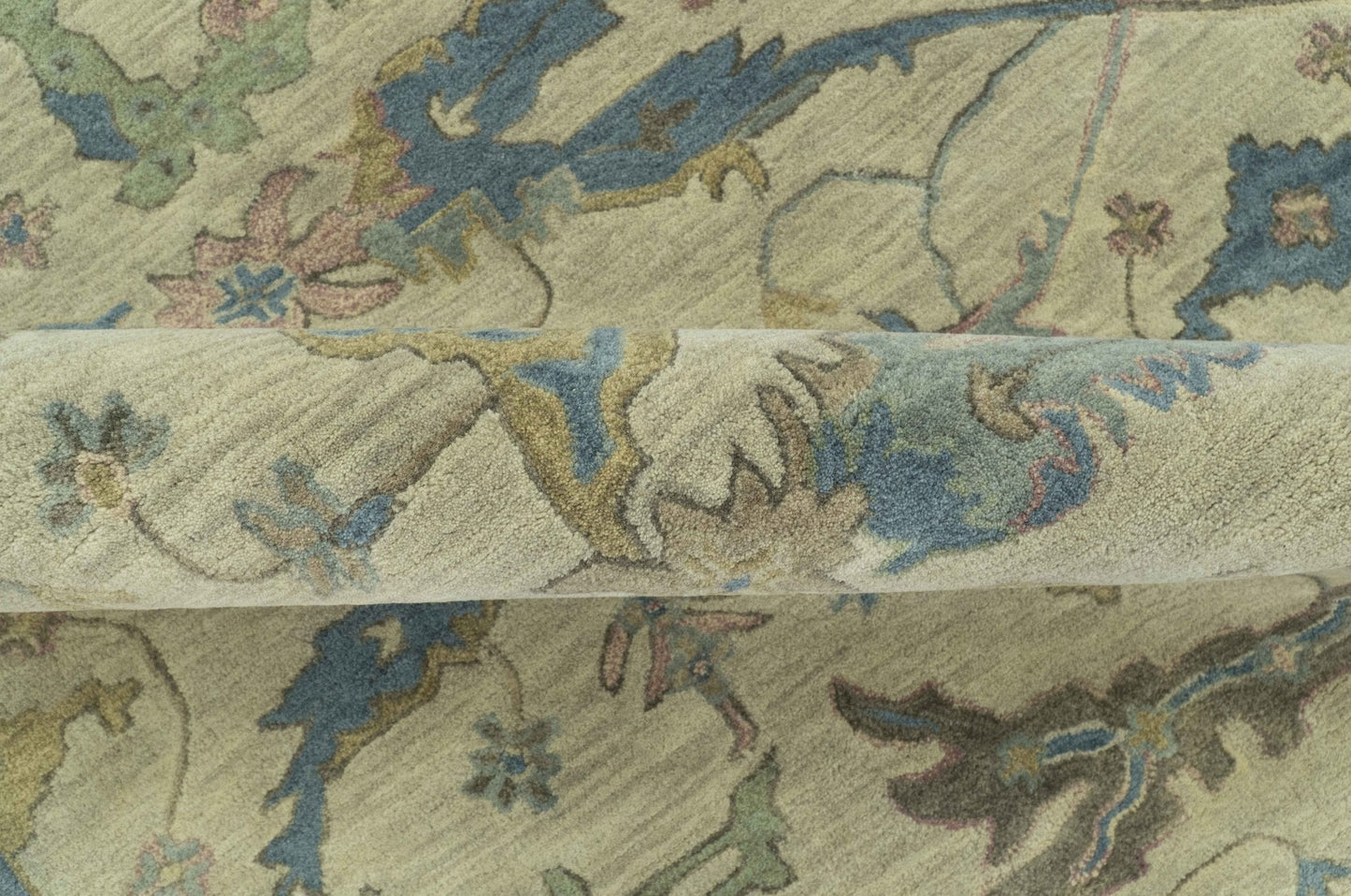 Custom Made Traditional Oushak Design Beige And Blue Hand Tufted Wool Area Rug