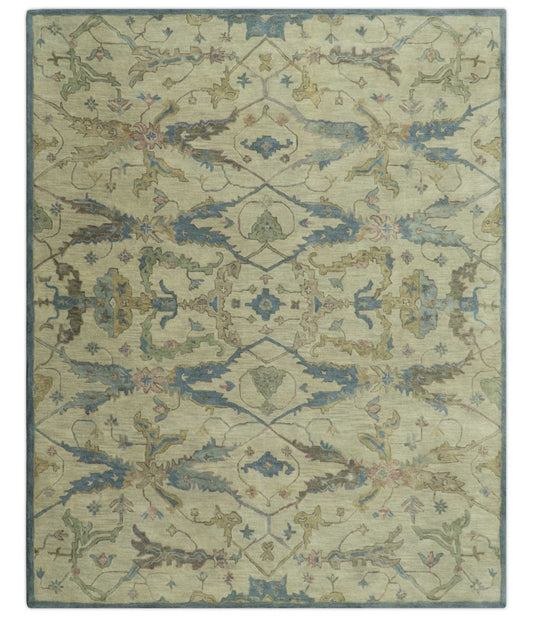 Custom Made Traditional Oushak Design Beige And Blue Hand Tufted Wool Area Rug