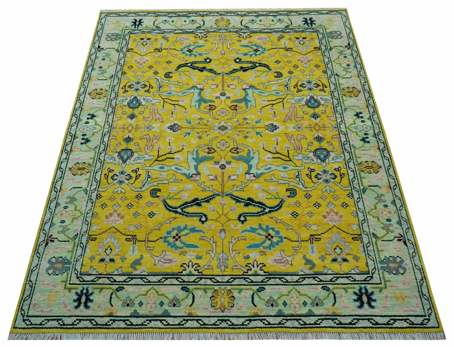 Custom Made Traditional Oushak Design mustard Hand Knotted Wool Area Rug