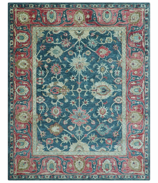 Custom Made Traditional Oushak Design Teal Hand Tufted Wool  Rug