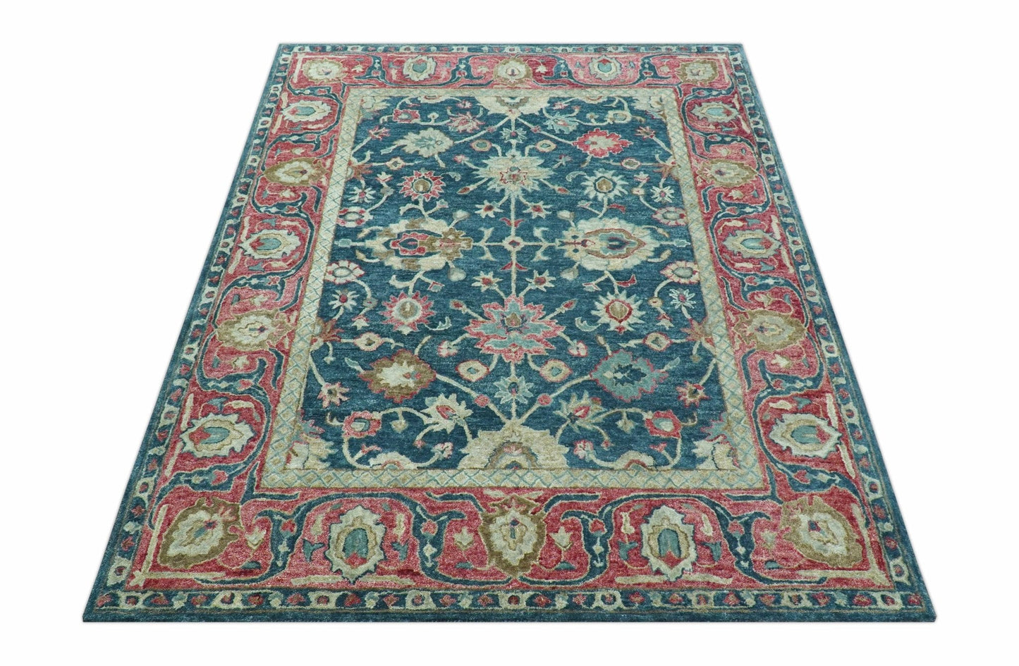 Custom Made Traditional Oushak Design Teal Hand Tufted Wool  Rug
