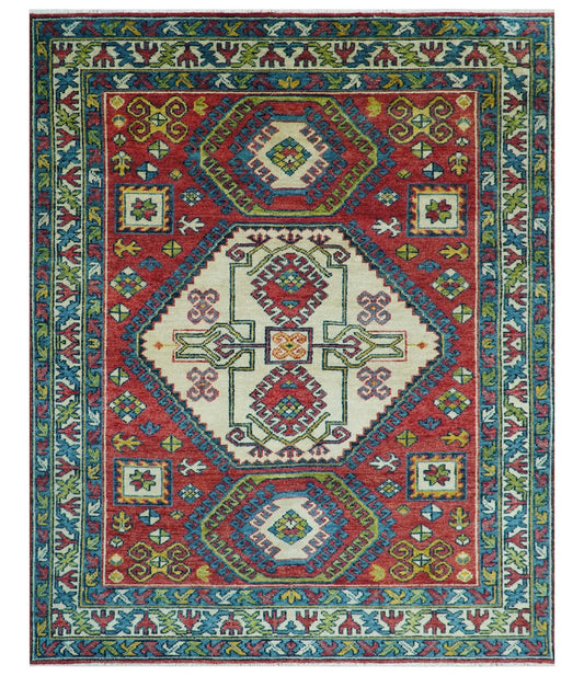 Custom Made Traditional Persian Design Red And Ivory Hand Knotted Wool Rug