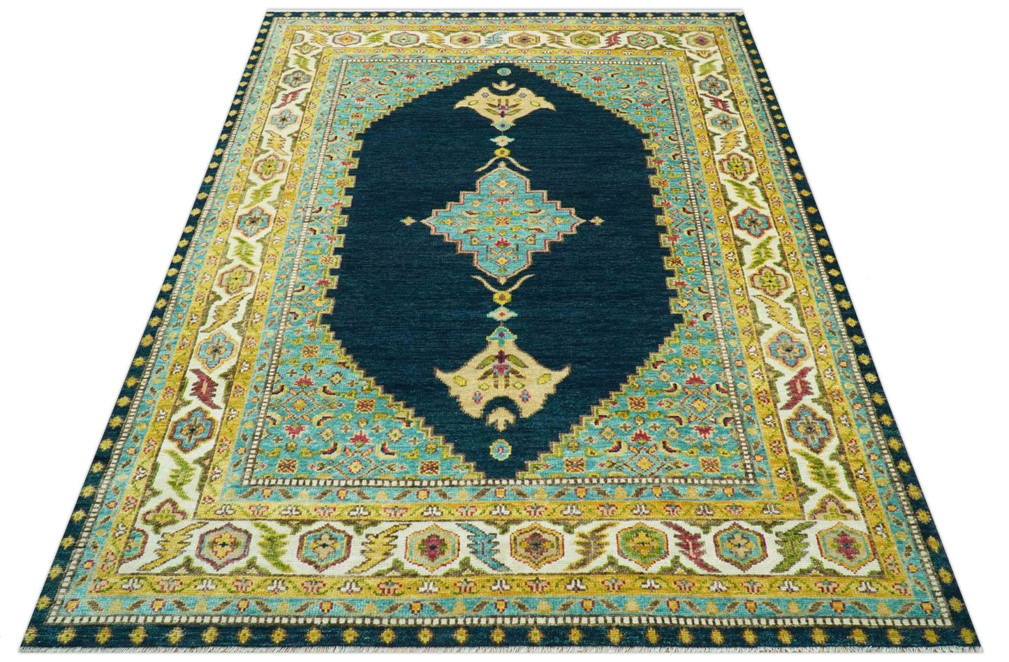 Custom Made Traditional Serapi Design Blue And Mustard Hand Knotted Wool Rug