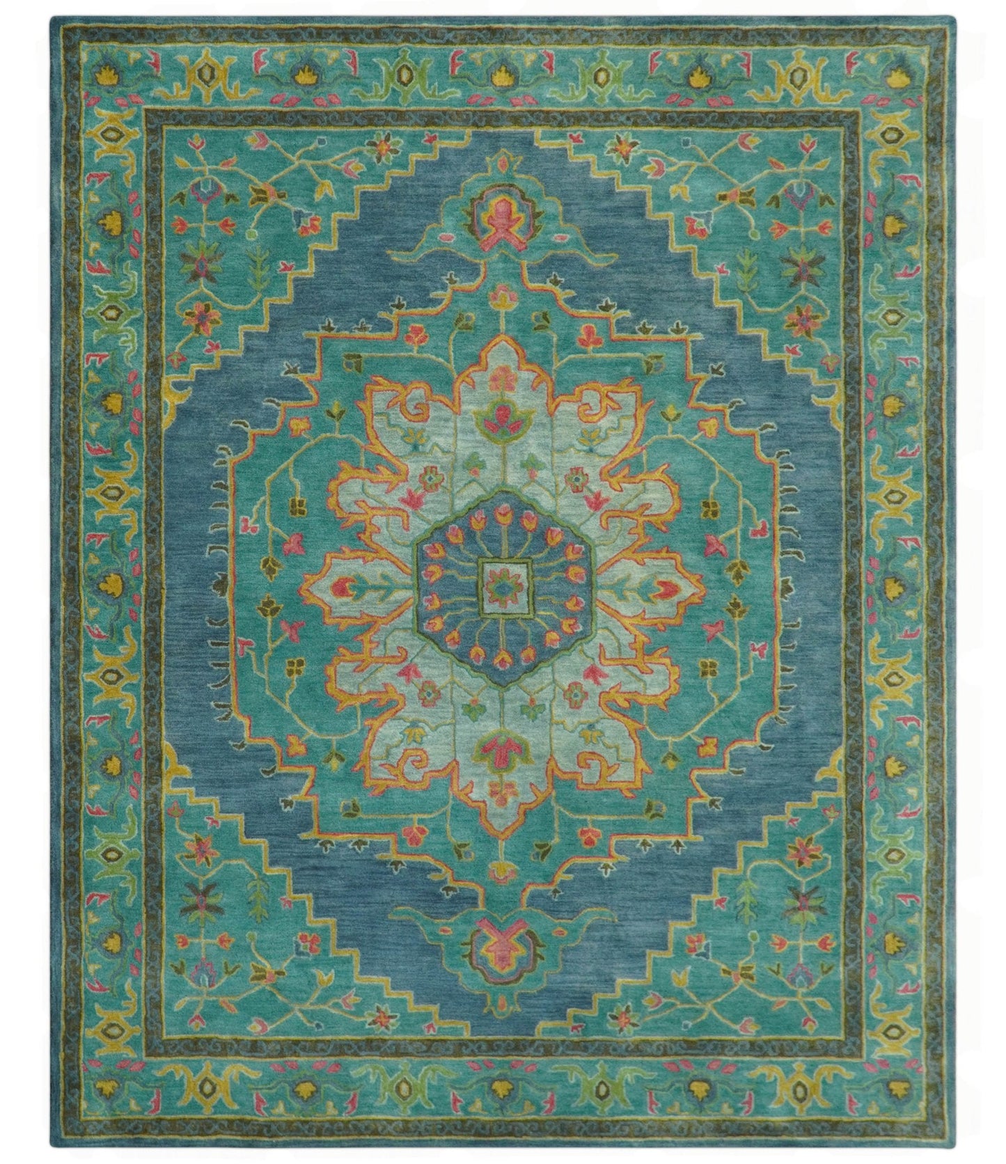 Custom Made Traditional Serapi Design Blue And Yellow Hand Tufted Wool Rug