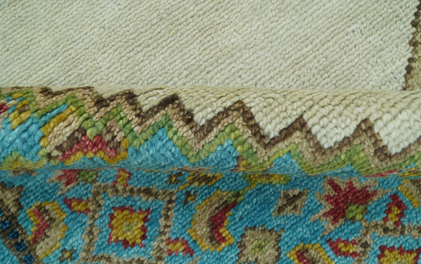 Custom Made Traditional Serapi Design Ivory And Blue Hand Knotted Wool Rug