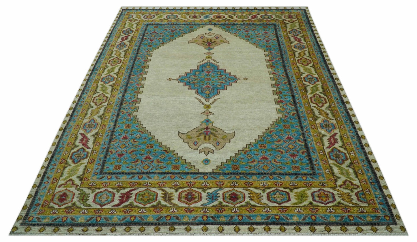 Custom Made Traditional Serapi Design Ivory And Blue Hand Knotted Wool Rug