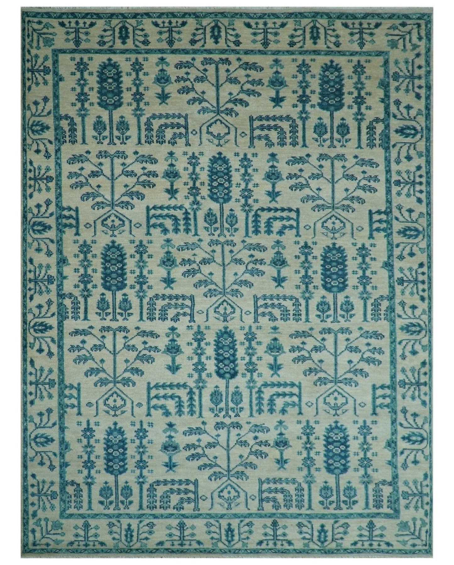 Custom Made Traditional Tree of Life Teal And Ivory Hand Knotted Wool Rug