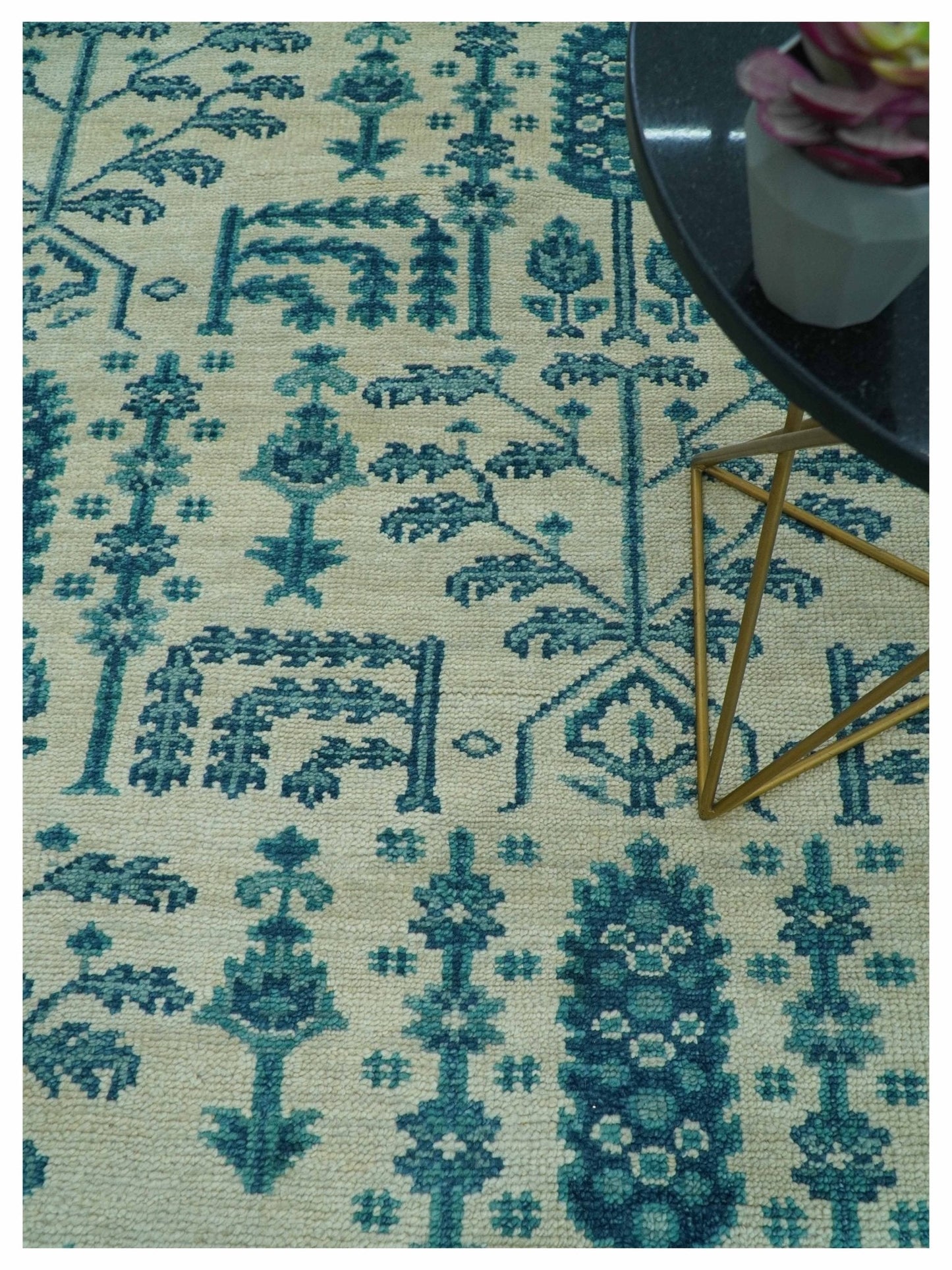 Custom Made Traditional Tree of Life Teal And Ivory Hand Knotted Wool Rug