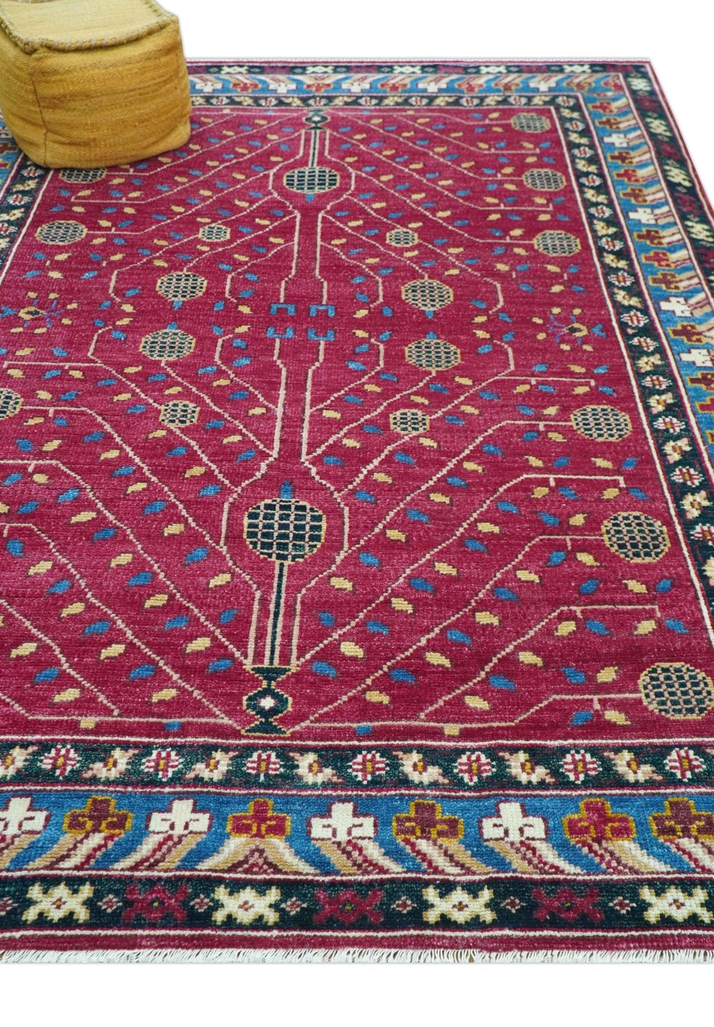 Custom Made Traditional Tribal Design Red And Blue Hand Knotted Wool Rug