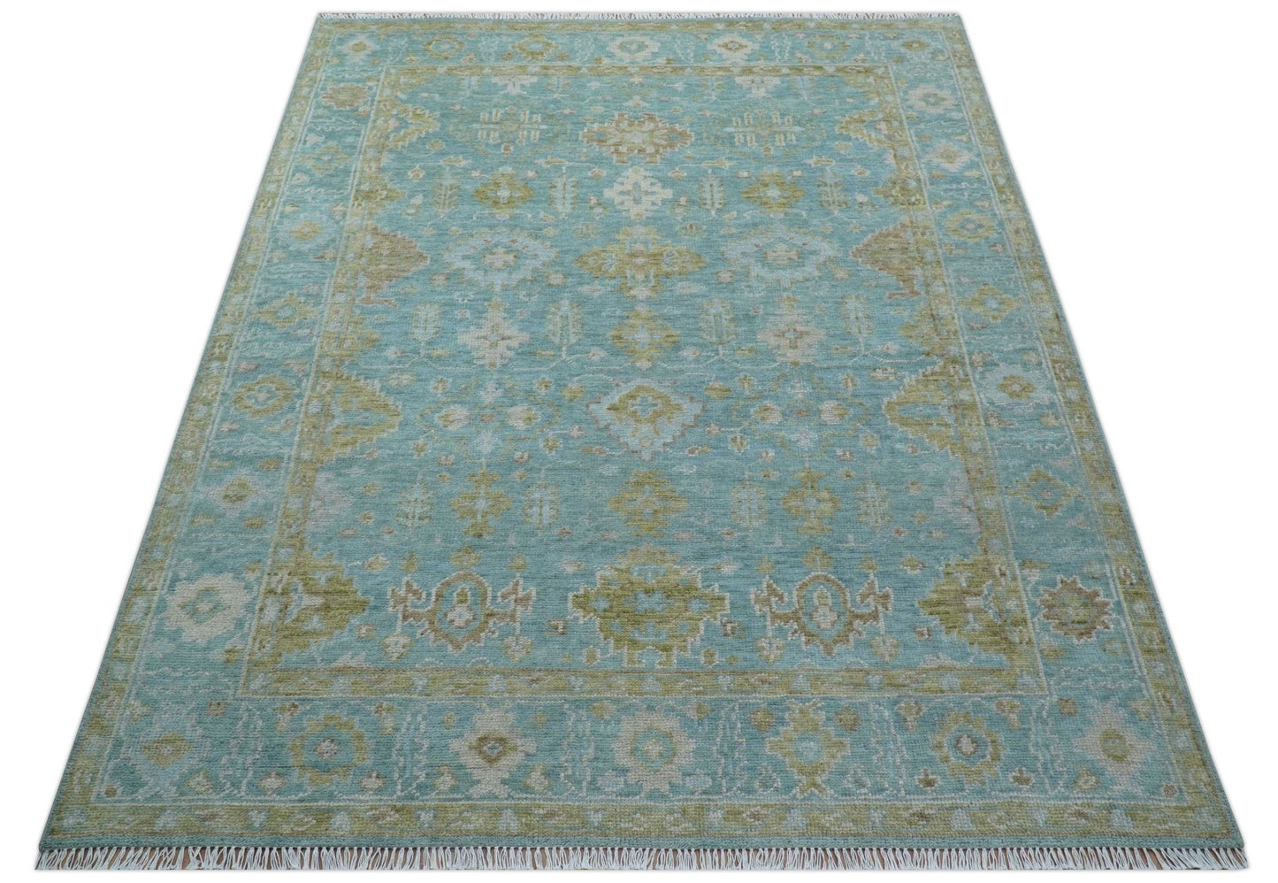 Custom Made Traditional Turkish Blue And Green Hand Knotted Wool Rug