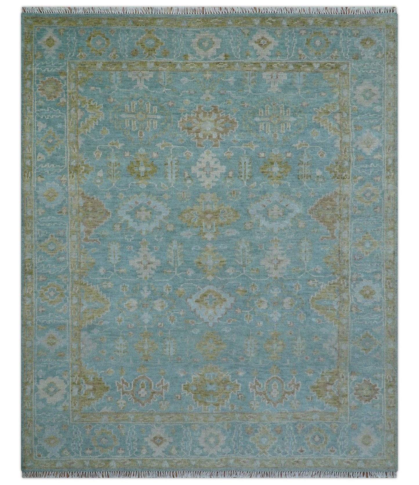 Custom Made Traditional Turkish Blue And Green Hand Knotted Wool Rug