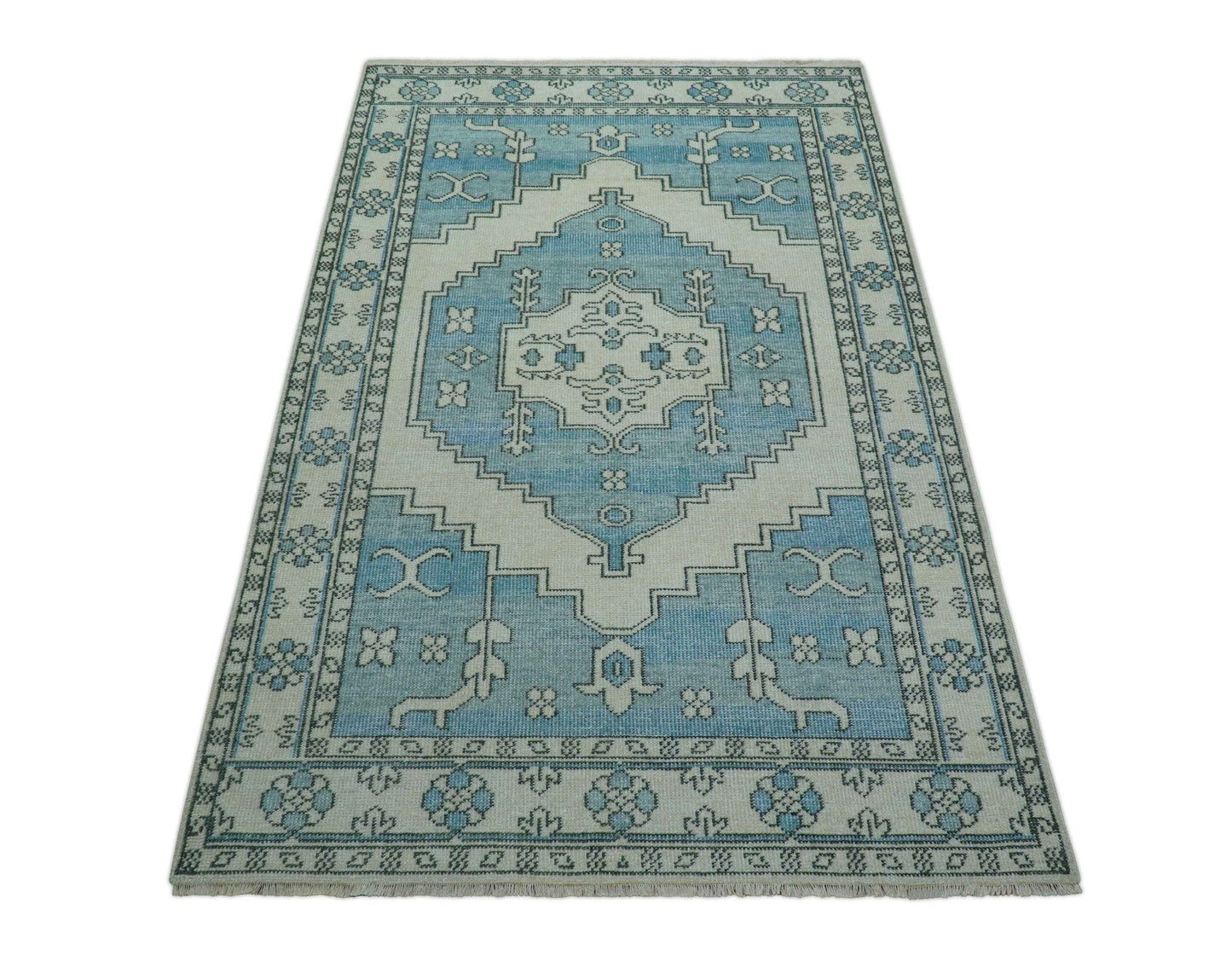 Custom Made Traditional Turkish Blue And Ivory Hand Knotted Wool Area Rug