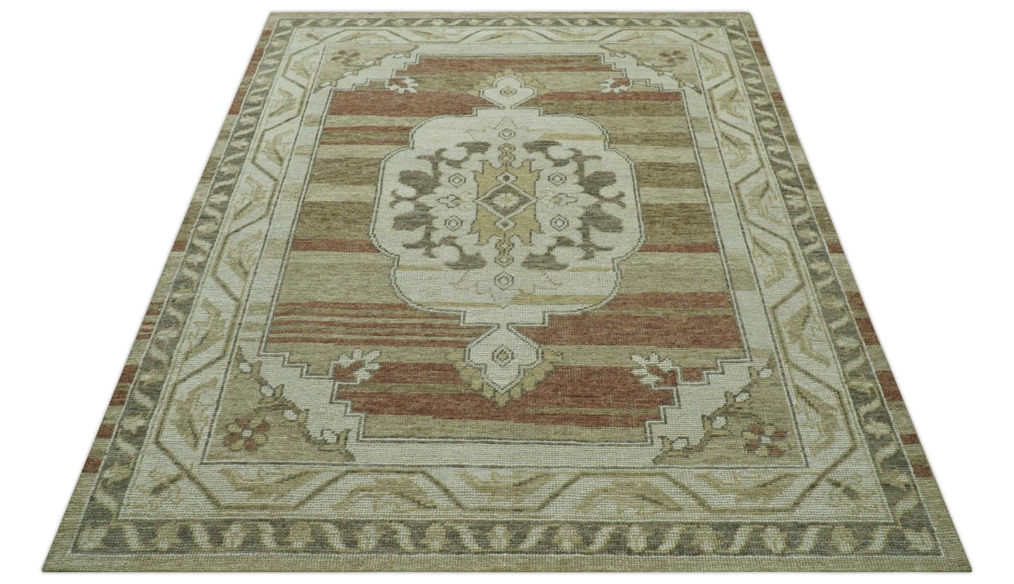 Custom Made Traditional Turkish Design Beige And Rust Hand knotted Wool Area Rug