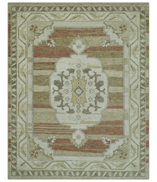 Custom Made Traditional Turkish Design Beige And Rust Hand knotted Wool Area Rug