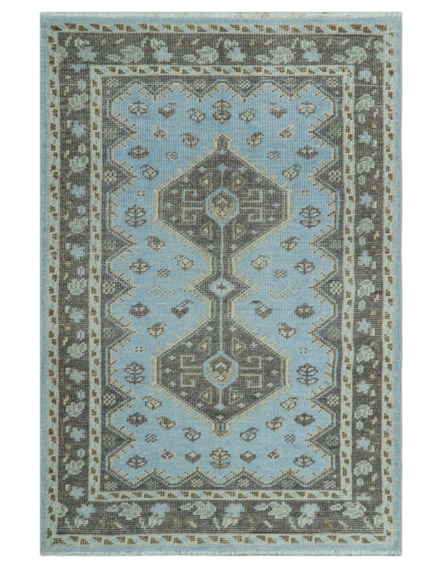 Custom Made Traditional Turkish design Blue And Brown Hand Knotted Wool Area Rug