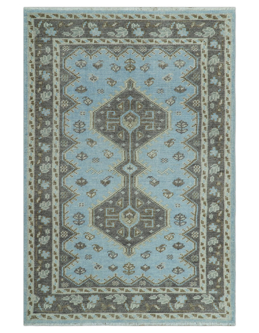 Custom Made Traditional Turkish design Blue And Brown Hand Knotted Wool Area Rug