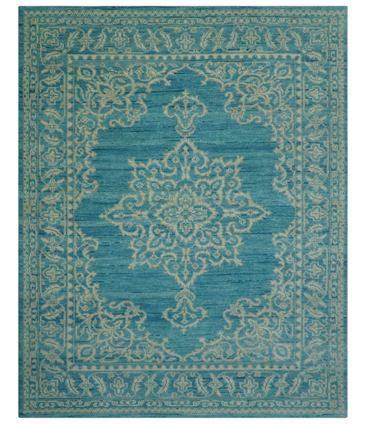 Custom Made Traditional Turkish Design Blue Hand Knotted Wool Area Rug