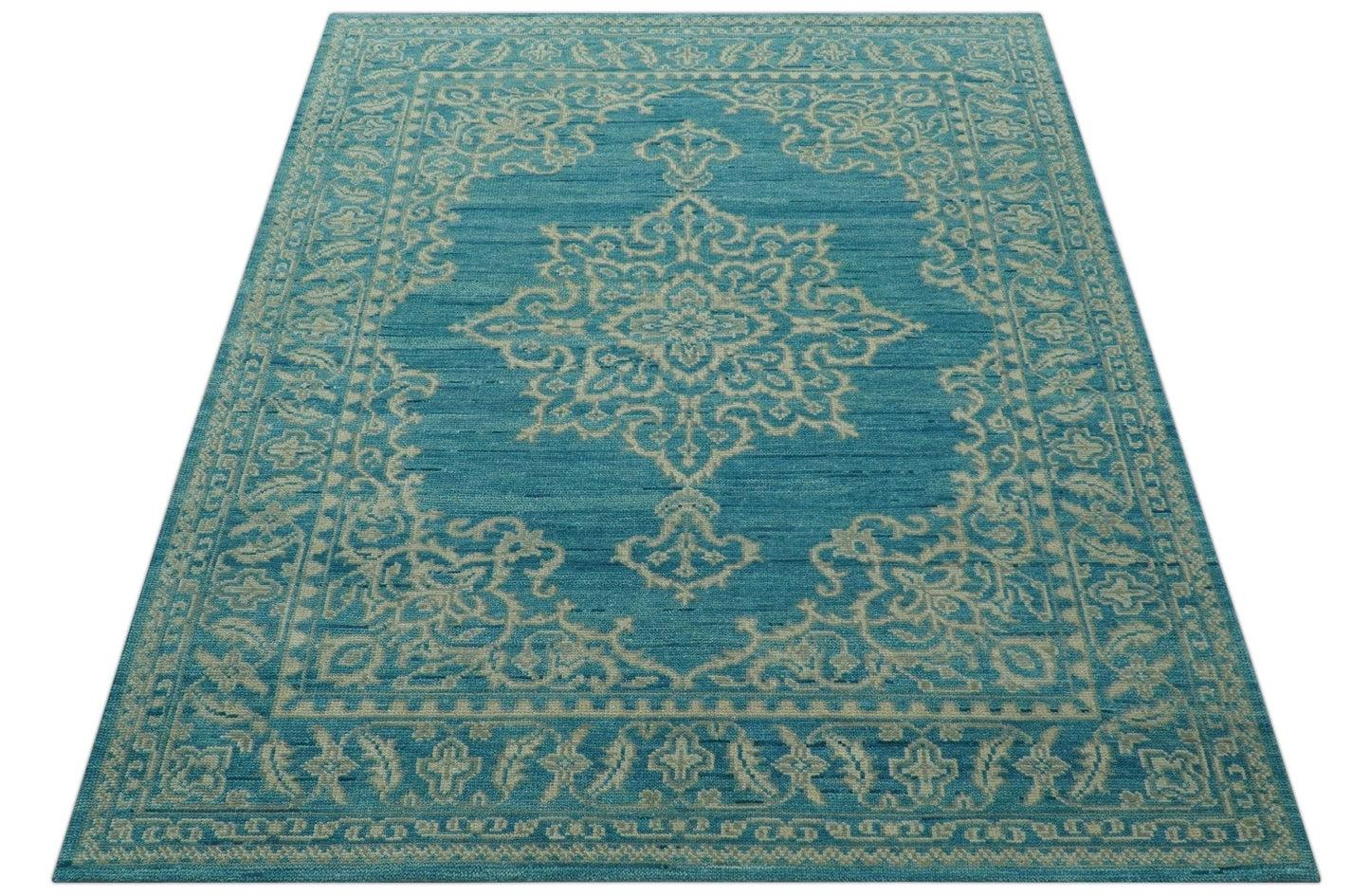 Custom Made Traditional Turkish Design Blue Hand Knotted Wool Area Rug