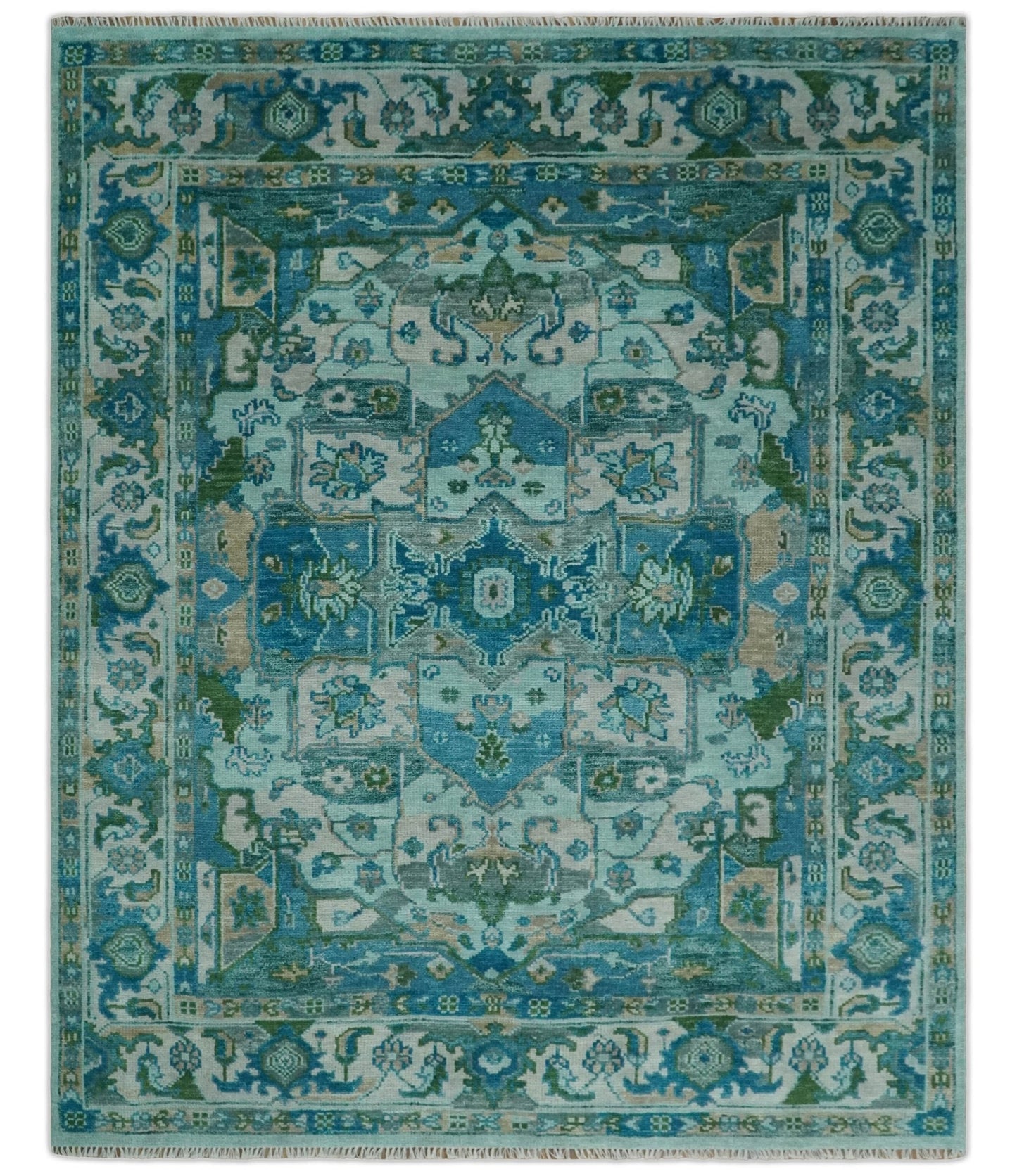 Custom Made Transitional Aqua and Ivory Hand Knotted Antique Style Traditional Wool Rug