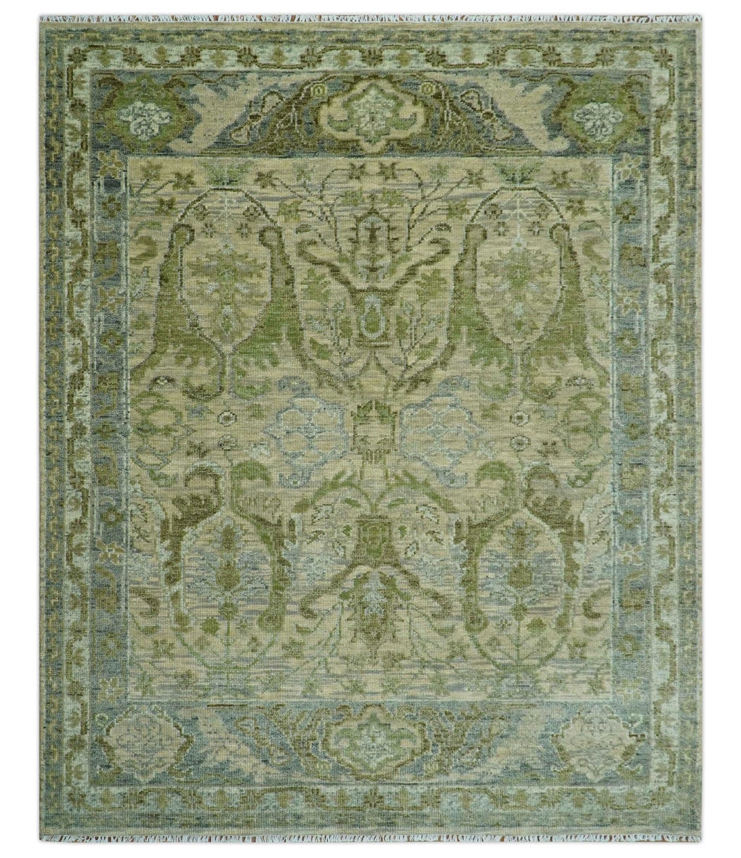 Custom Made Transitional Beige, Green and Blue Hand Knotted wool area rug