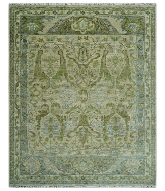Custom Made Transitional Beige, Green and Blue Hand Knotted wool area rug