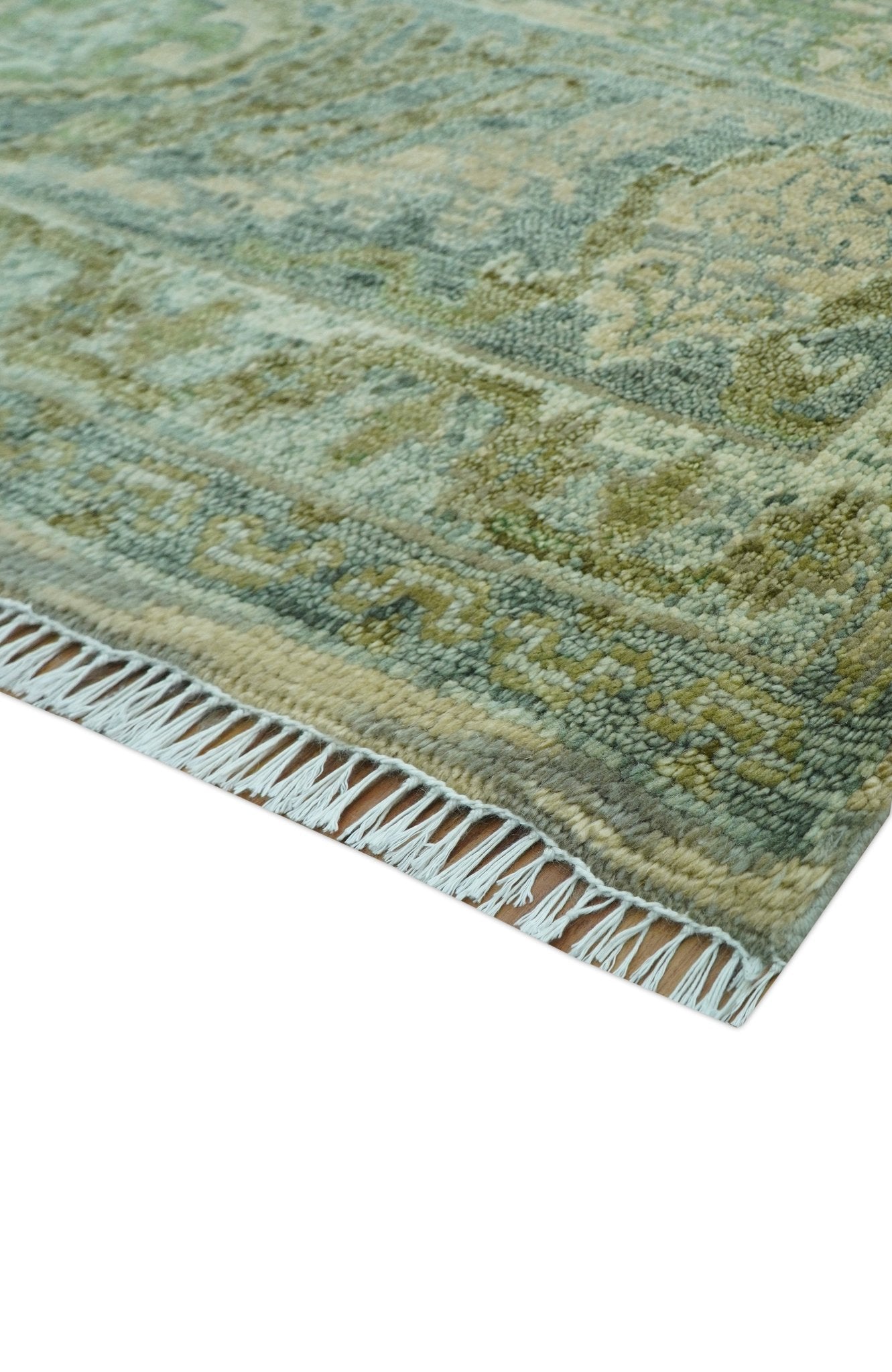 Custom Made Transitional Beige, Green and Blue Hand Knotted wool area rug