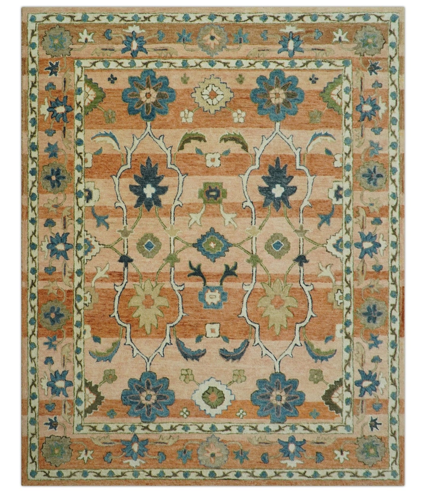 Custom Made Transitional Peach and Blue Hand Tufted Wool Area Rug