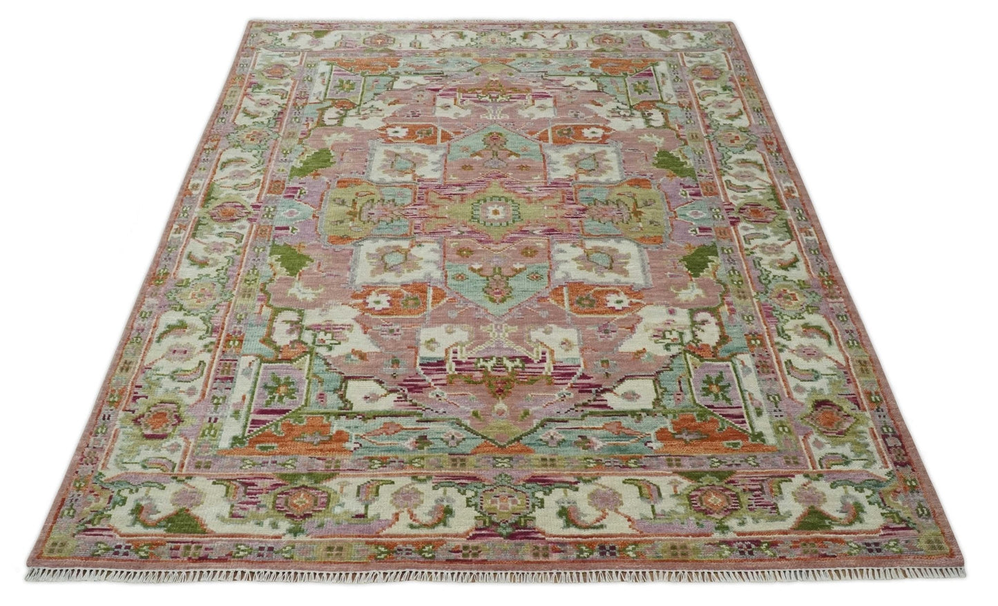 Custom Made Transitional Pink, Green and Ivory Turkish Design wool Area Rug