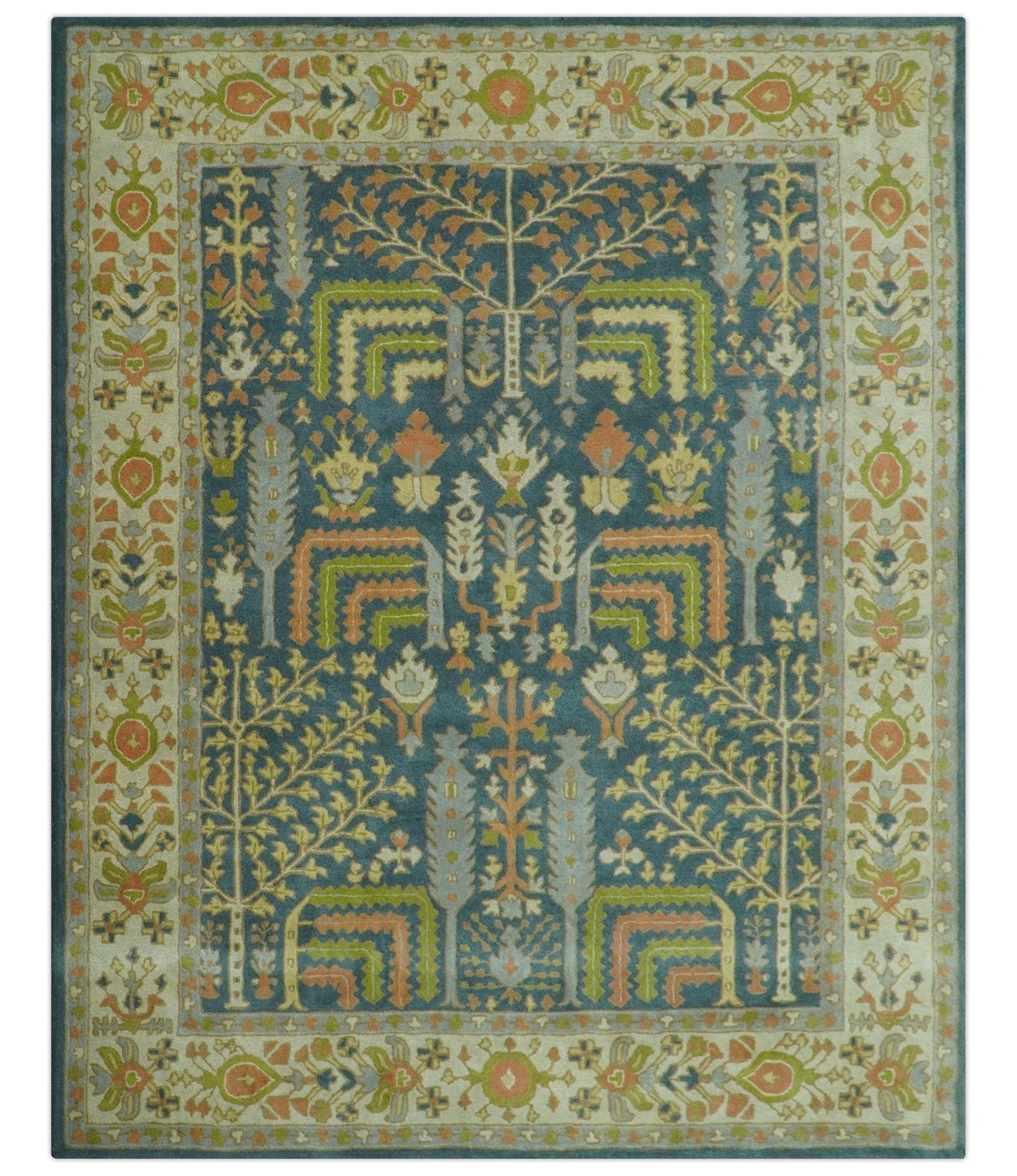 Custom Made Tree of Life Beige And Teal Floral Design Hand Tufted  Wool Area Rug