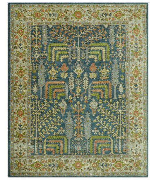 Custom Made Tree of Life Beige And Teal Floral Design Hand Tufted  Wool Area Rug