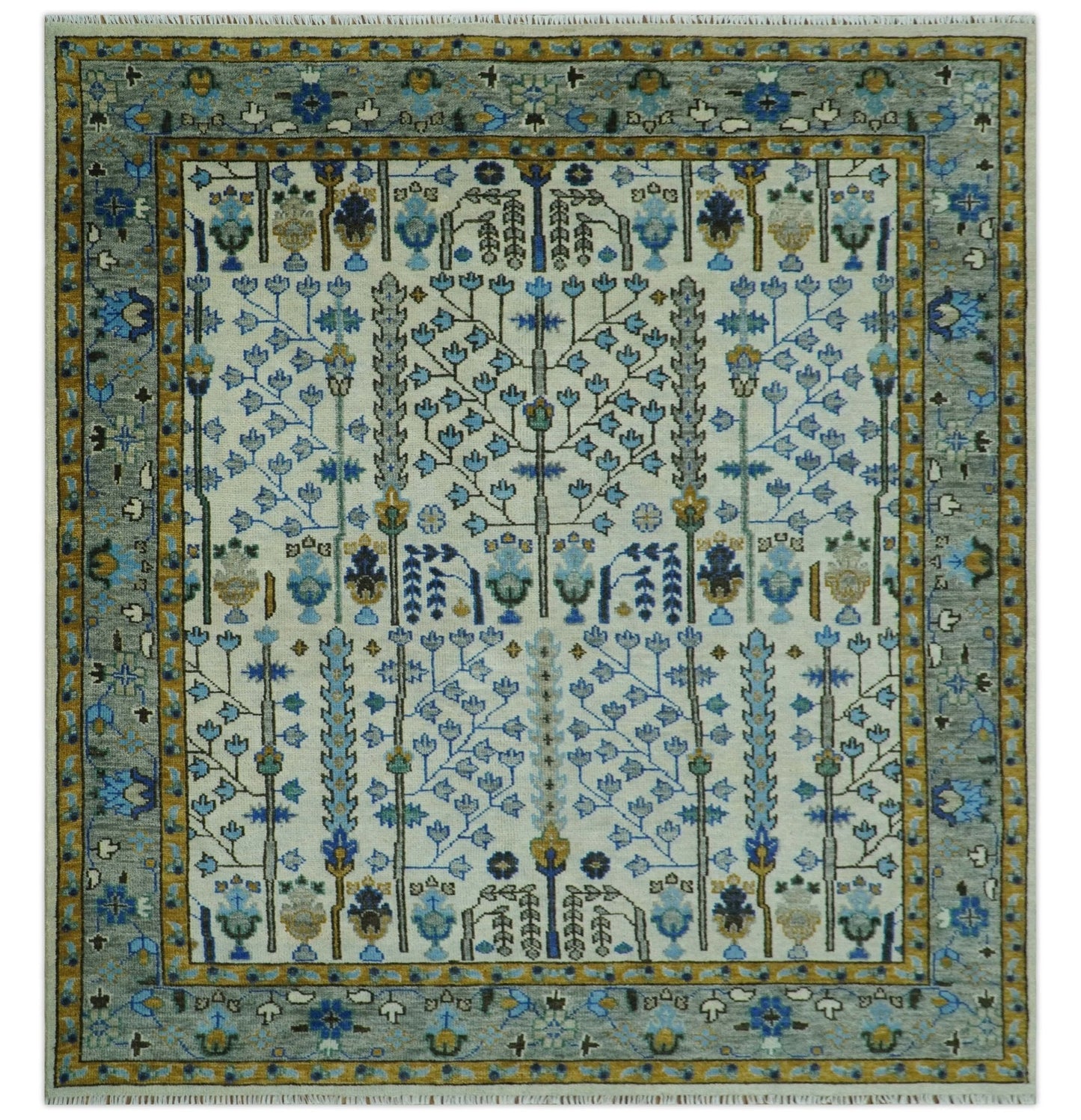 Custom Made Tree of life Hand Knotted Antique Ivory, Blue and Gray Traditional Oushak Wool area Rug