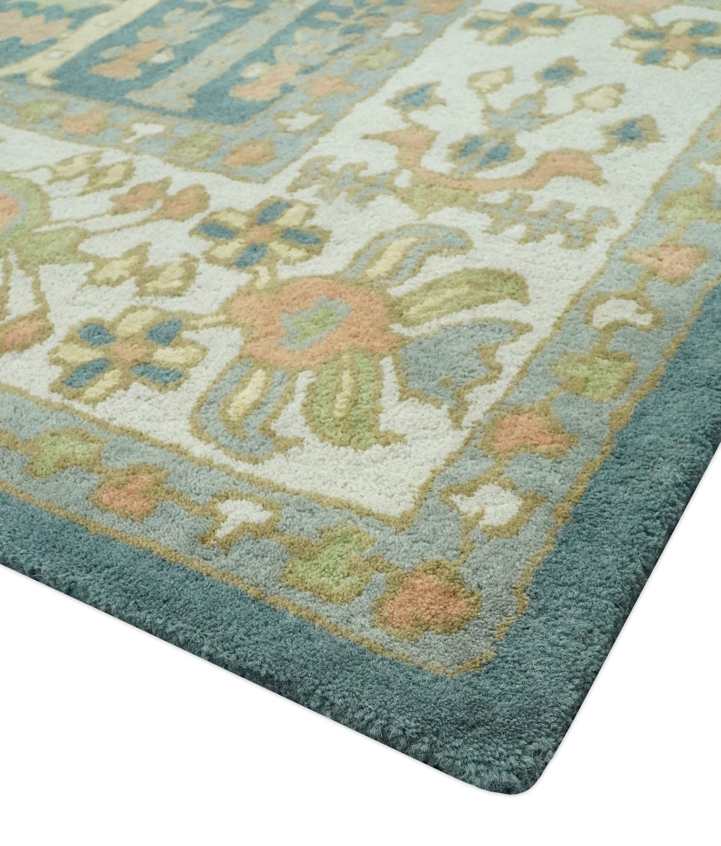 Custom Made Tree of life Traditional Teal, Silver, Green and Dark Peach wool Rug