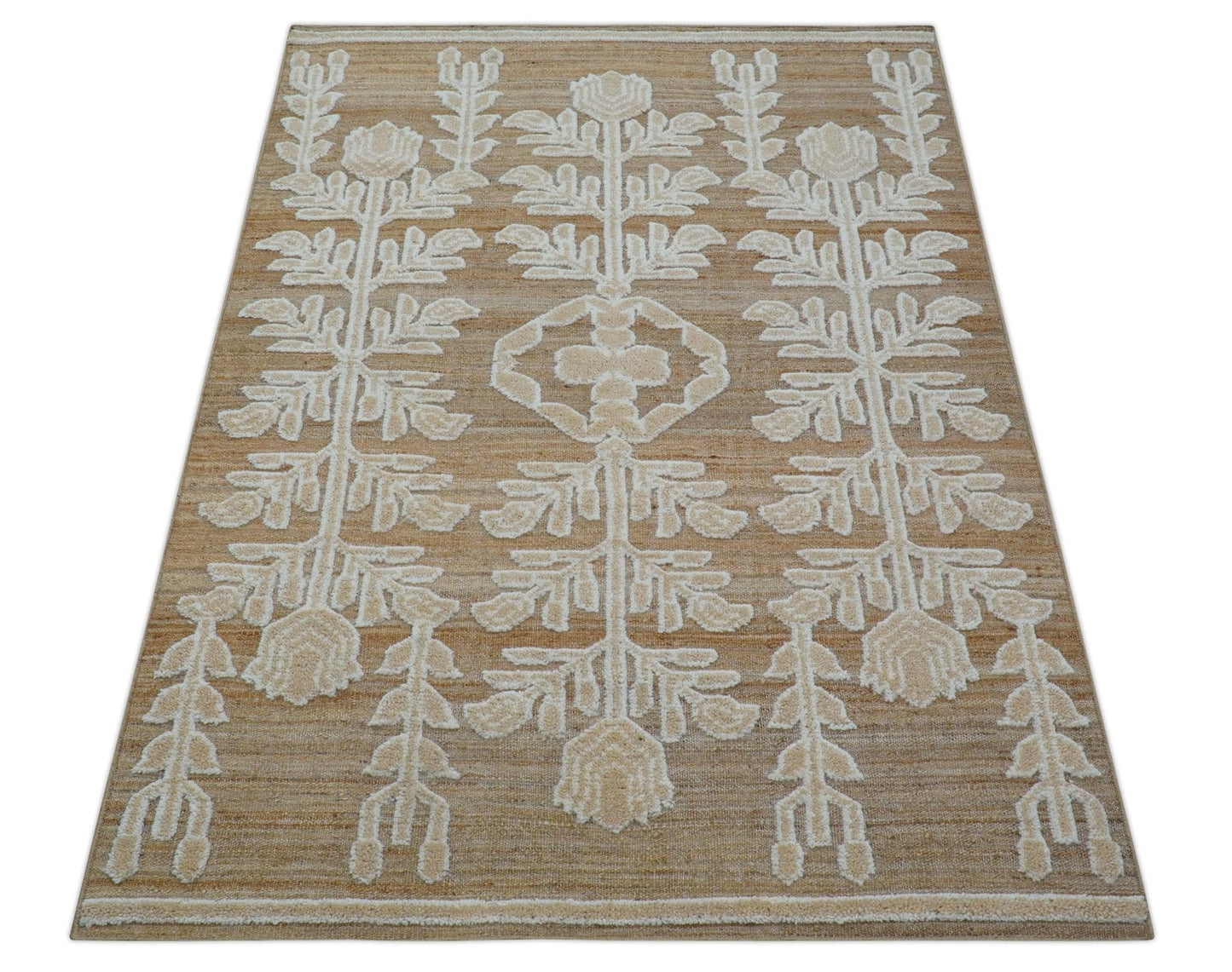Custom Made Tribal Brown And Ivory Hand Knotted Wool and Jute Rug