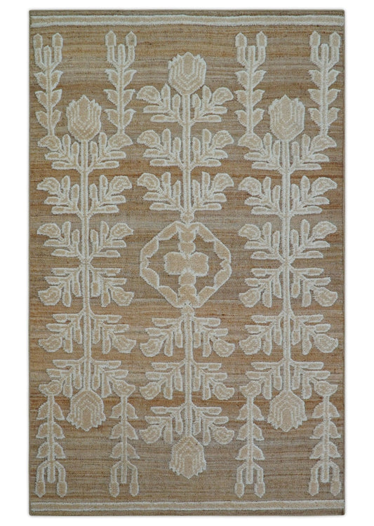 Custom Made Tribal Brown And Ivory Hand Knotted Wool and Jute Rug