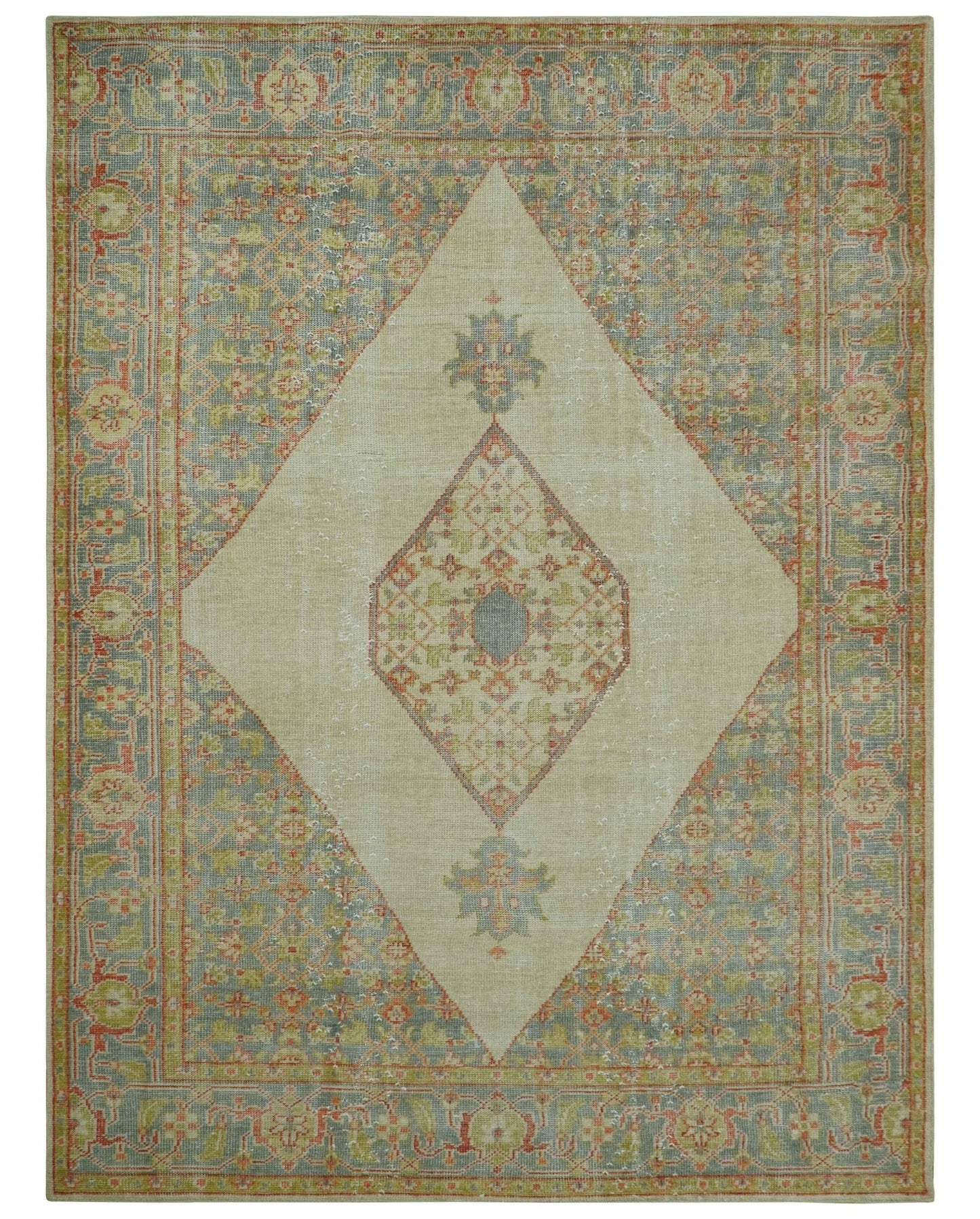 Custom Made Turkish Design Beige and Blue Hand Knotted Wool Rug