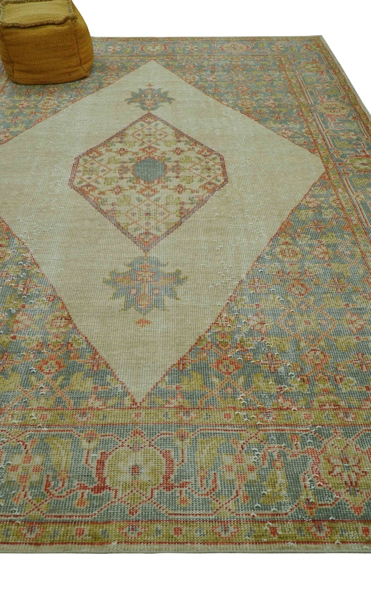 Custom Made Turkish Design Beige and Blue Hand Knotted Wool Rug