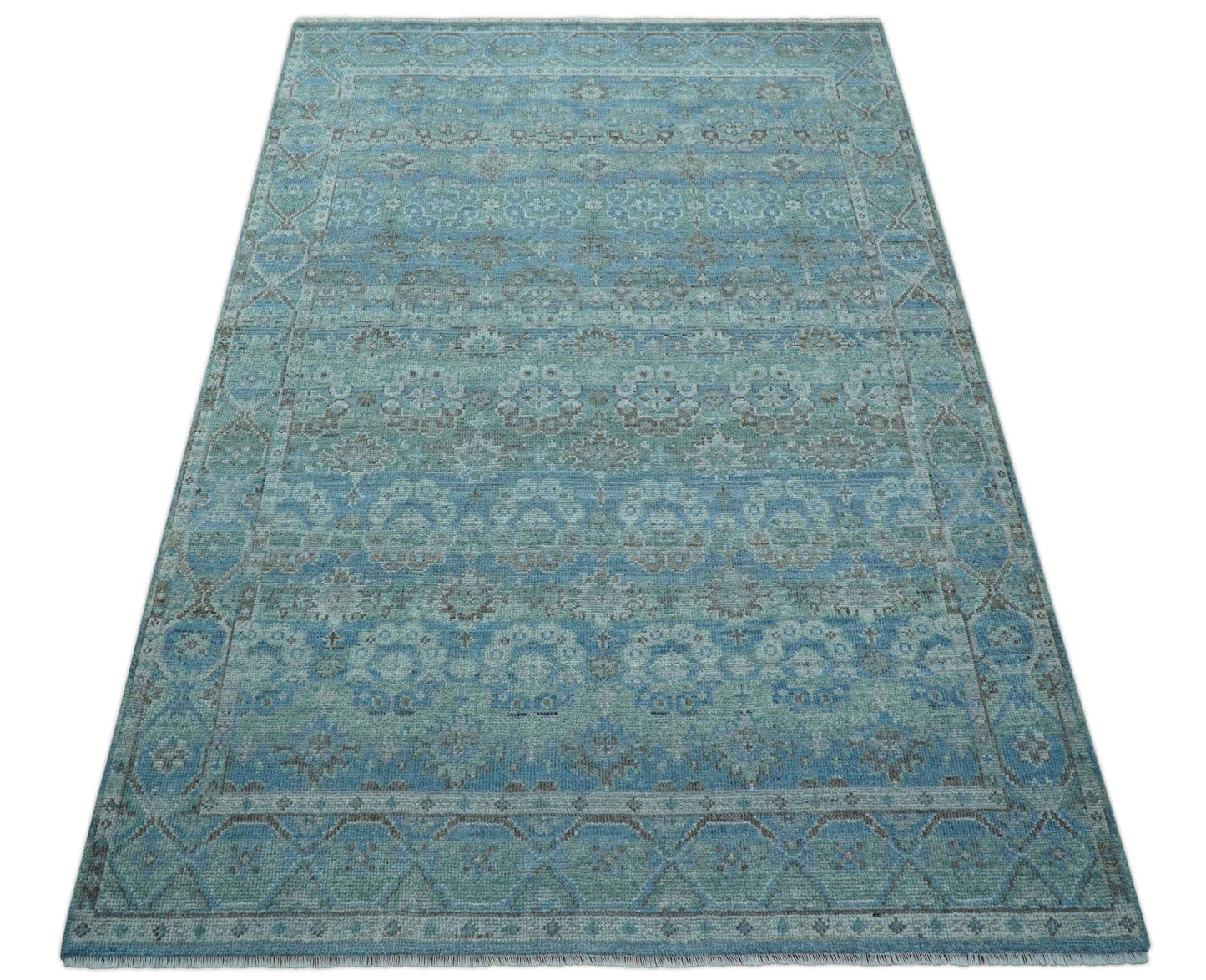 Custom Made Turkish Design Blue And Gray Hand Knotted Afghan Wool Area Rug