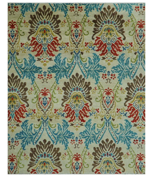Custom Made Vintage Floral Ikat Design Beige And Blue Hand Knotted Wool Rug