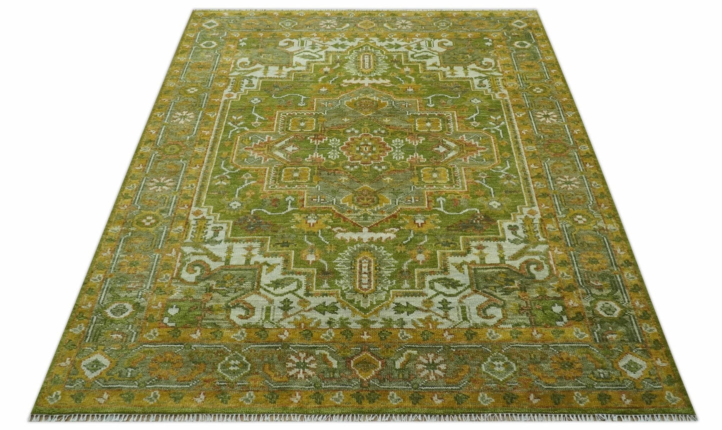 Custom Made Vintage Style Green, Silver and Gold Hand Knotted Traditional Heriz wool area rug