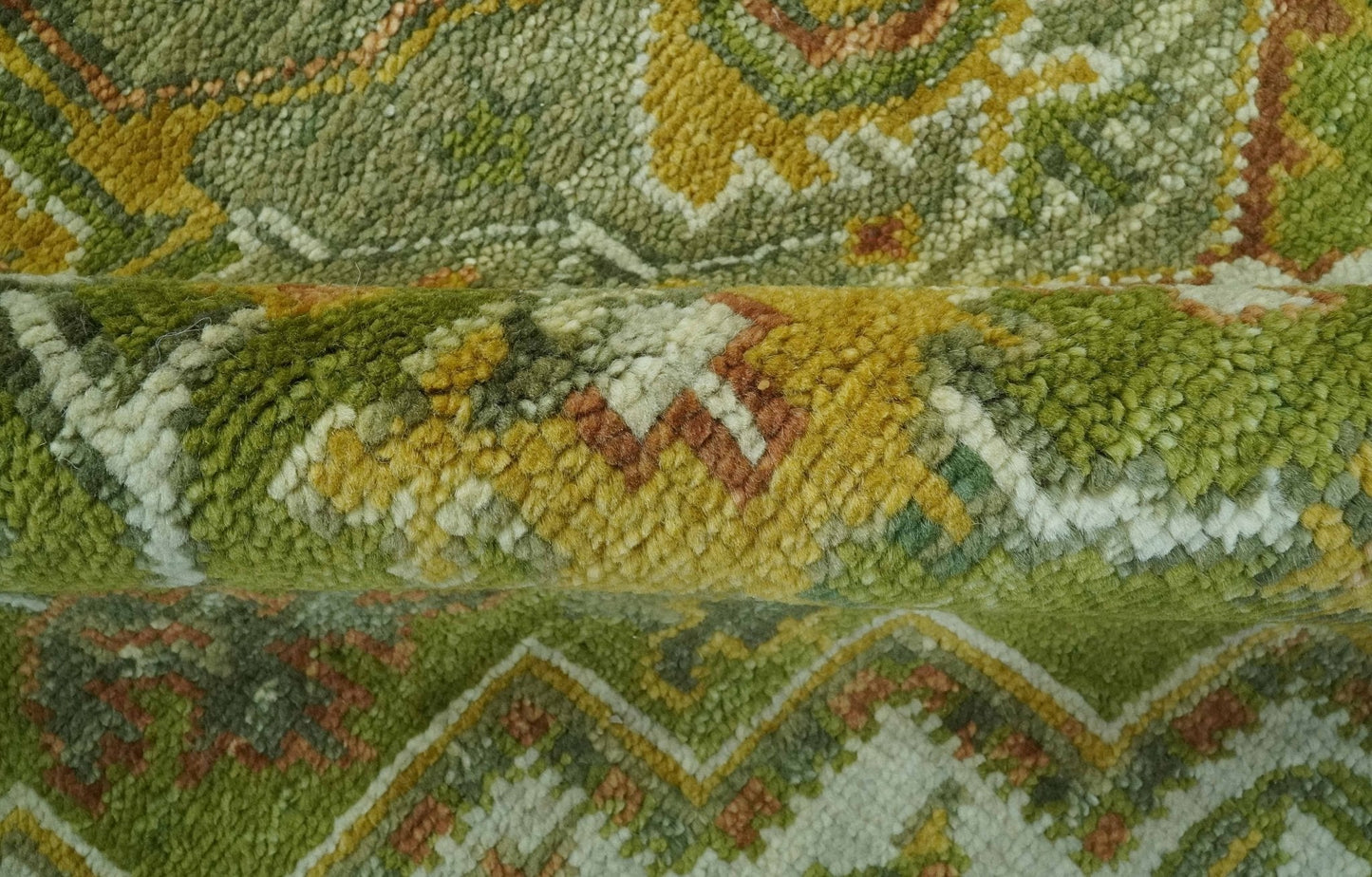 Custom Made Vintage Style Green, Silver and Gold Hand Knotted Traditional Heriz wool area rug