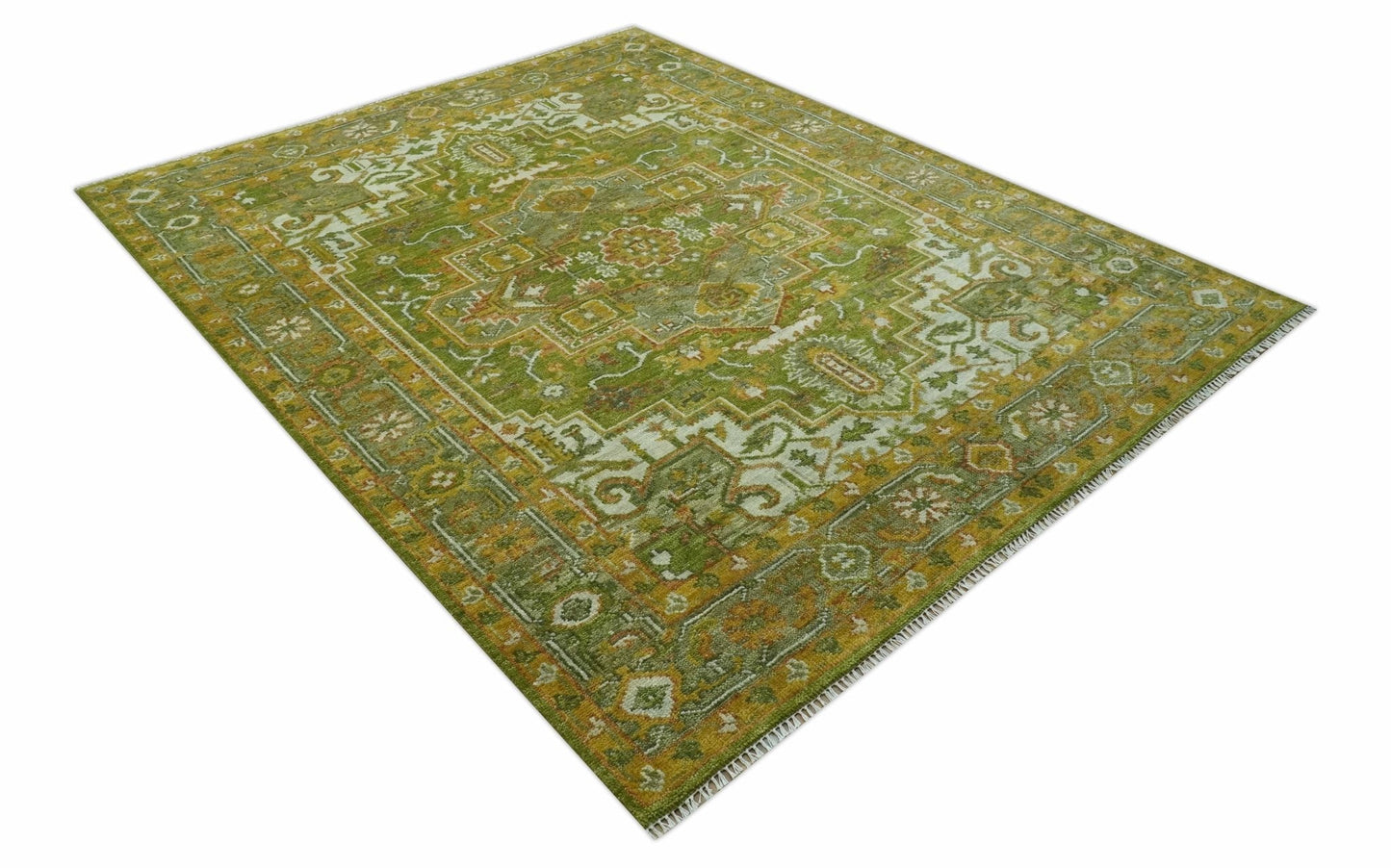 Custom Made Vintage Style Green, Silver and Gold Hand Knotted Traditional Heriz wool area rug