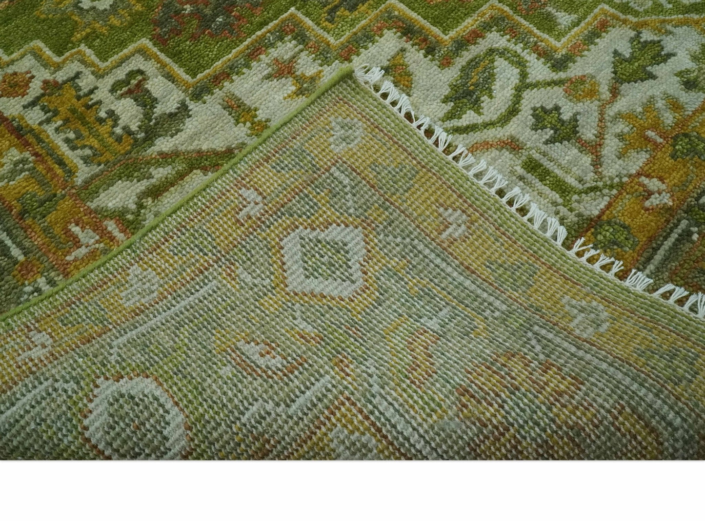Custom Made Vintage Style Green, Silver and Gold Hand Knotted Traditional Heriz wool area rug