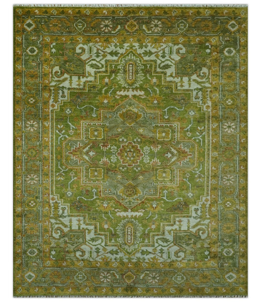 Custom Made Vintage Style Green, Silver and Gold Hand Knotted Traditional Heriz wool area rug