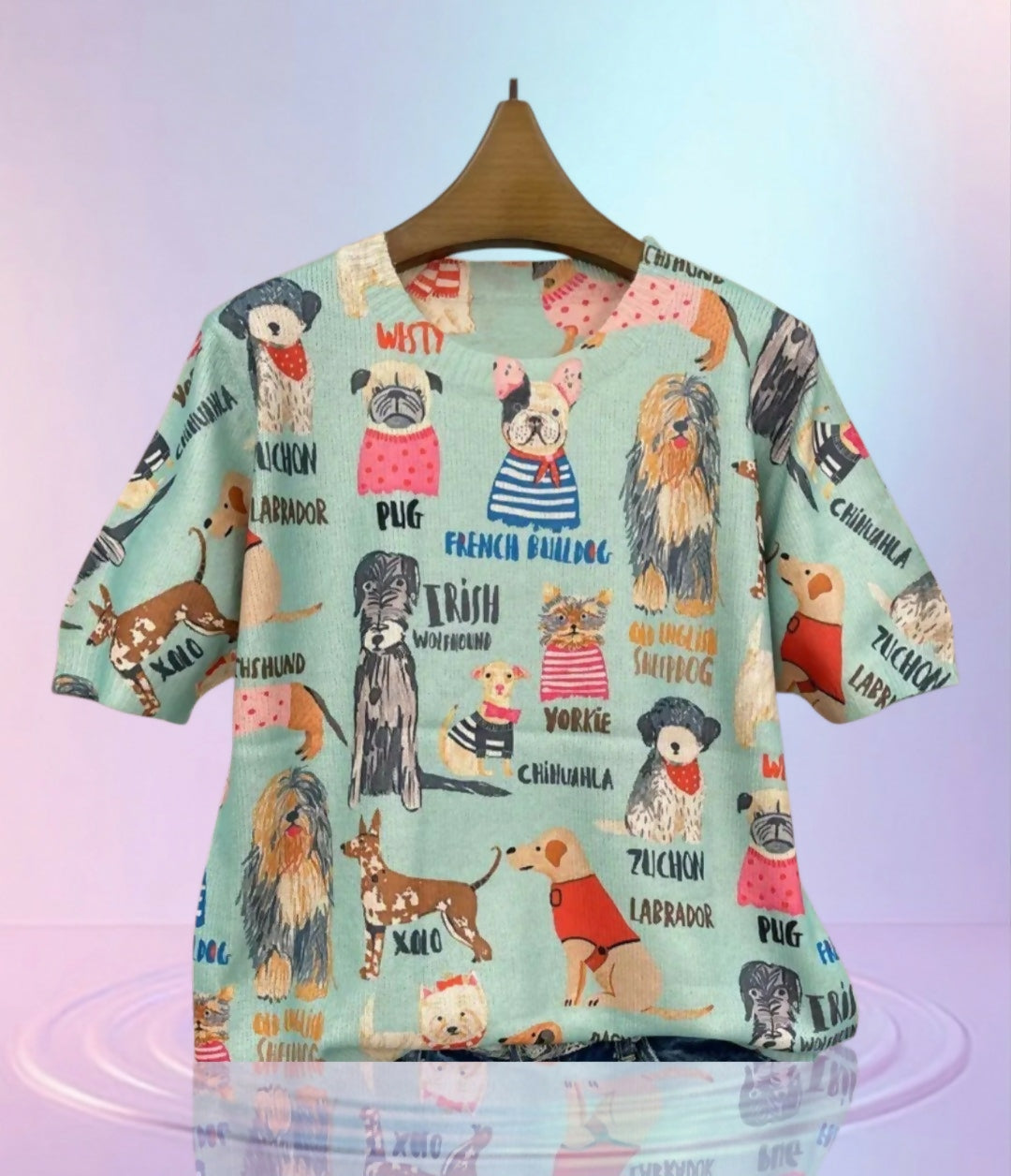 Anytime Crystals Aqua All-Over Print Dog Breed Short Sleeve Sweater
