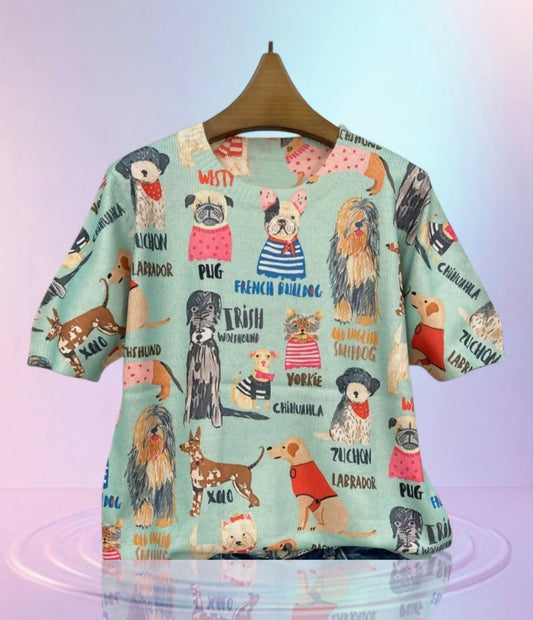 Anytime Crystals Aqua All-Over Print Dog Breed Short Sleeve Sweater