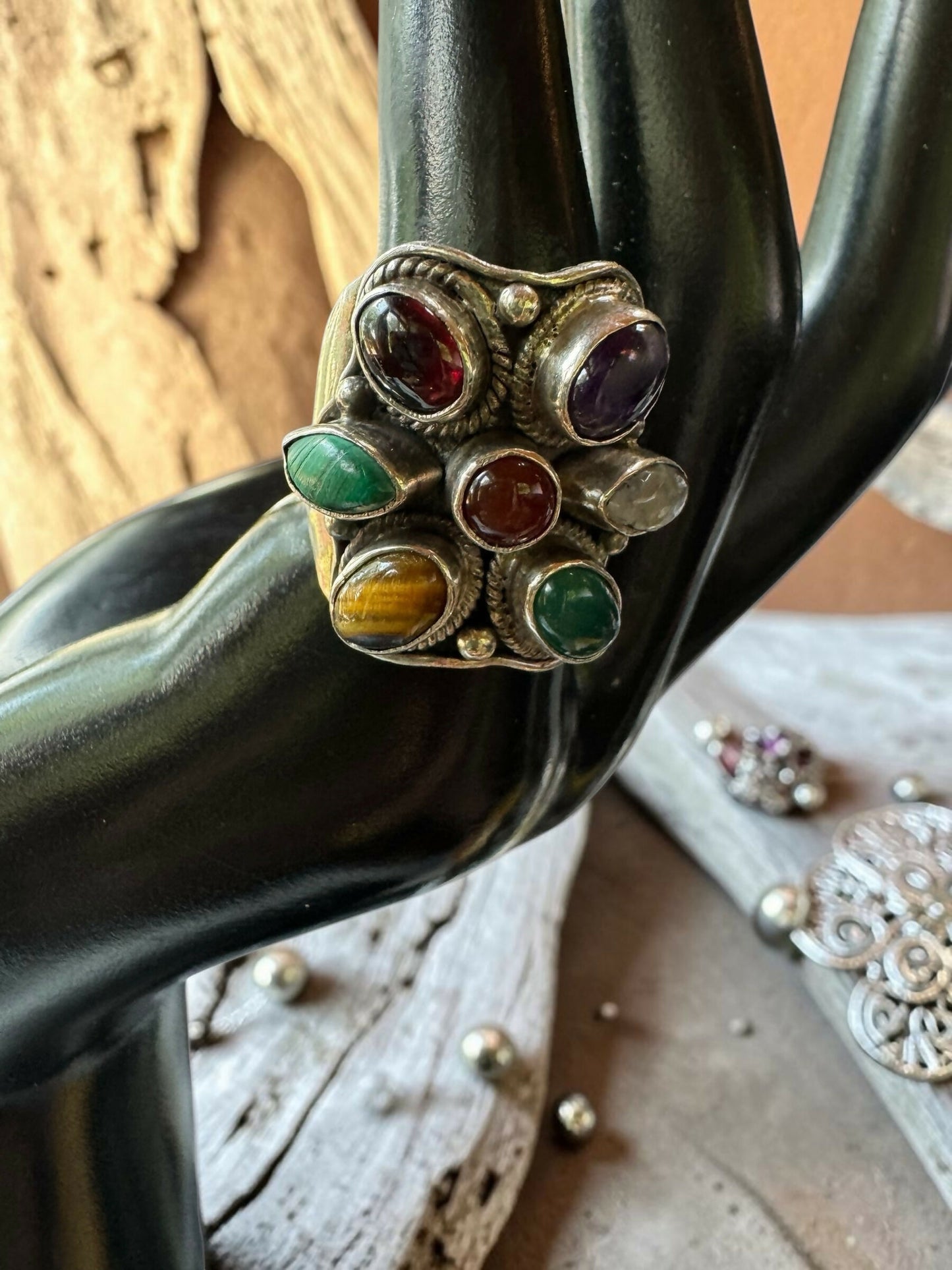 Sterling Silver Multi Gemstone Statement Ring Size 9 10g
