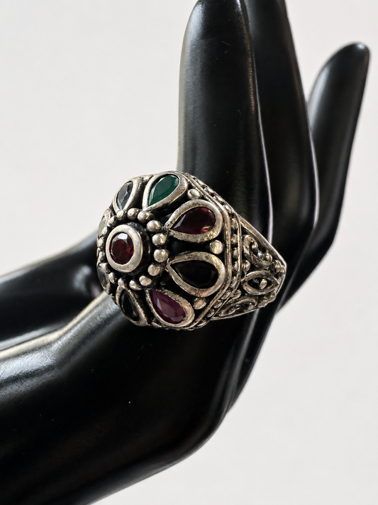 Sterling Silver Navaratna-Inspired Flower Dome Ring | Size 8.5 | 12g