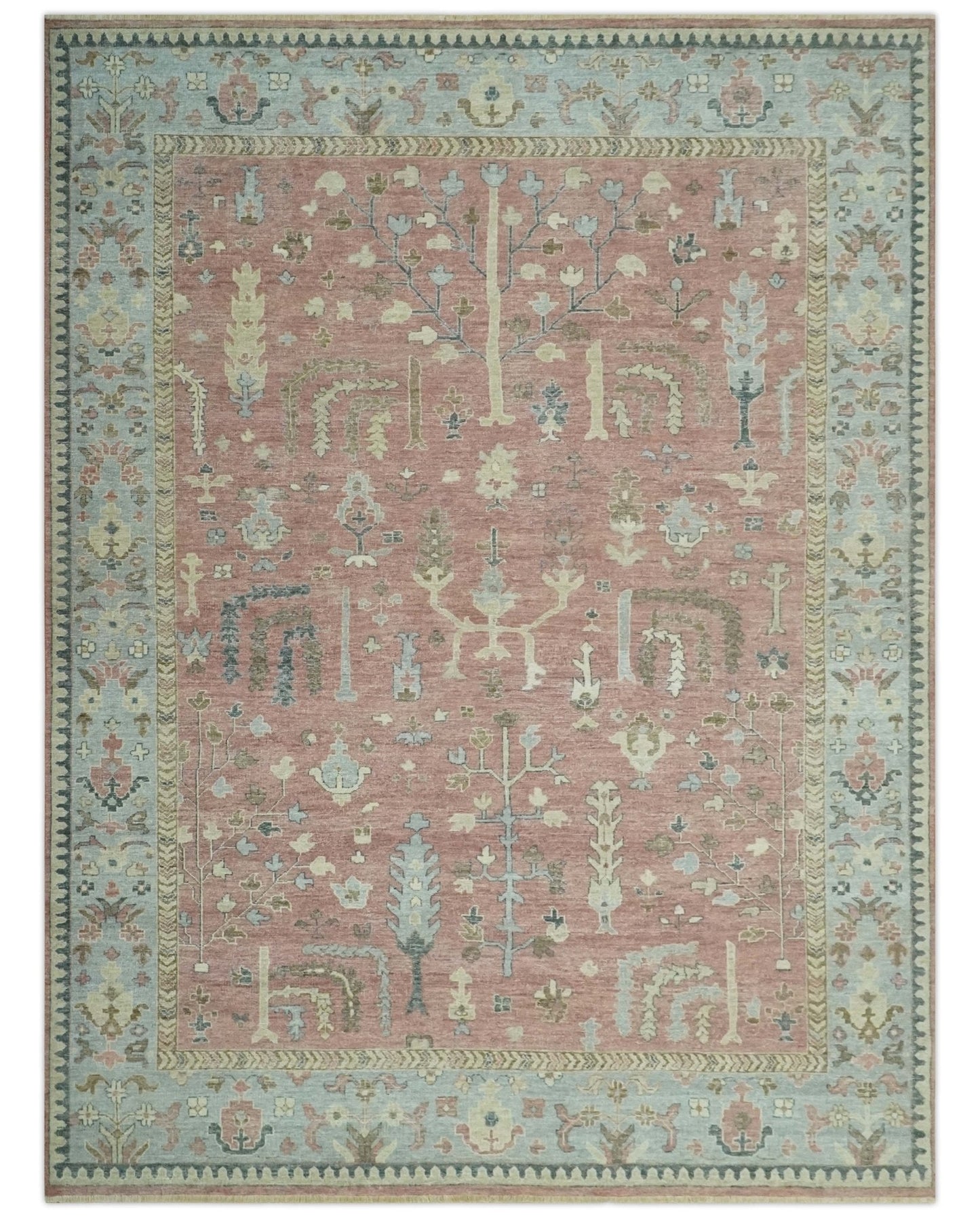 Distress Finished Tree of Life Hand Knotted Rust and Blue Custom Made Wool Rug