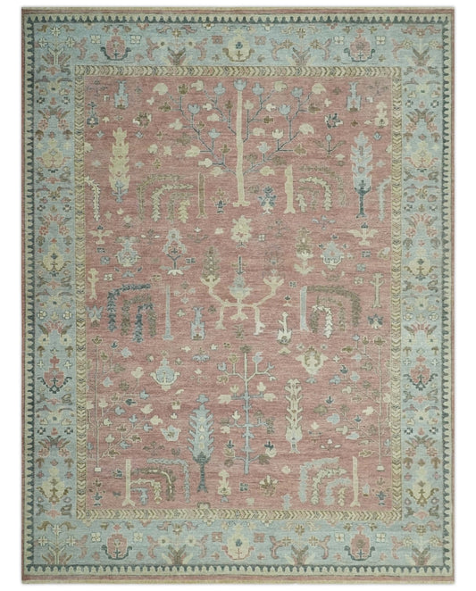 Distress Finished Tree of Life Hand Knotted Rust and Blue Custom Made Wool Rug