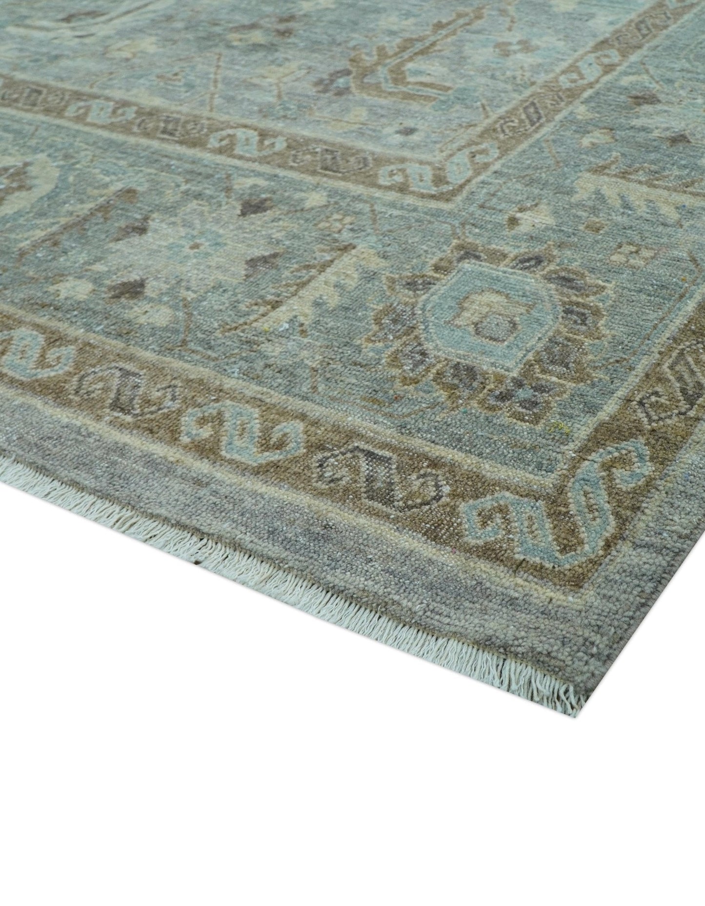 Distressed and Blue Silver Hand Knotted Traditional Wool Area Rug